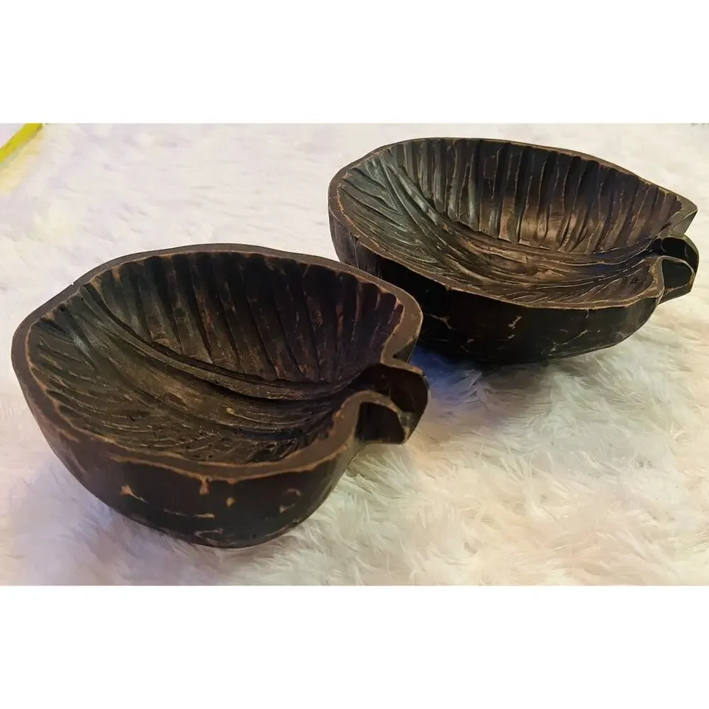 Set 2 Mango Wood Bowls Leaf Hand Carved Decor‎ Vintage Boho Tropical Indonesia